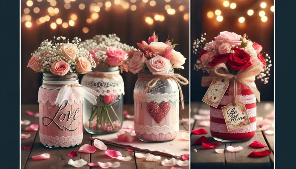 Two images, each with a romantic Valentine's Day theme featuring decorated mason jars.
