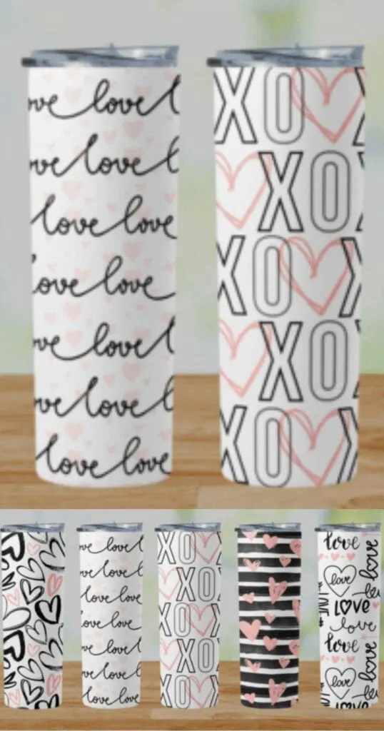 A set of two tumblers with hearts and the words love  and xo on them.
