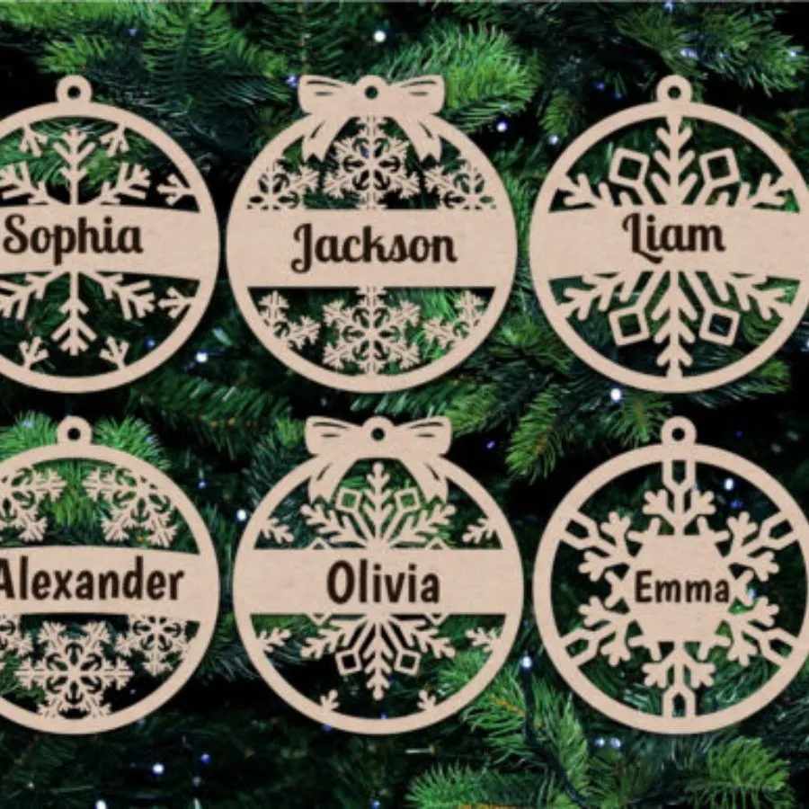 A set of 6 laser cut Christmas ornament designs.