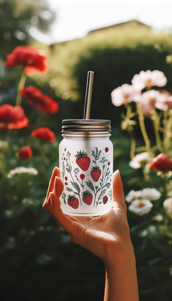 A DTF wrapped frosted mason jar with a metal straw, held in a human hand. The jar is decorated with a delightful pattern of red strawberries and small white flowers, capturing the essence of summer.