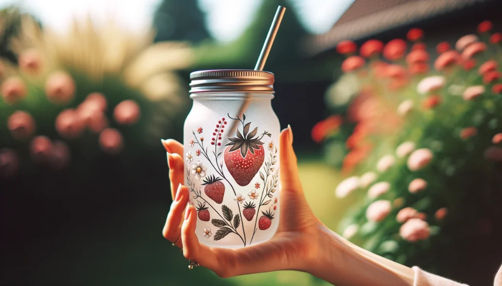 A frosted glass mason jar with a metal straw, held in a woman's hand. The hand has a gentle appearance with a subtle feminine touch. The jar is beautifully decorated with a summery pattern of red strawberries and small white flowers, capturing the essence of a warm, sunny day. The artwork on the jar should have a hand-drawn, bespoke feel. Set against a garden backdrop that's softly blurred, the focus is on the jar and the delicate hand that holds it, accentuating the handmade charm of the jar.