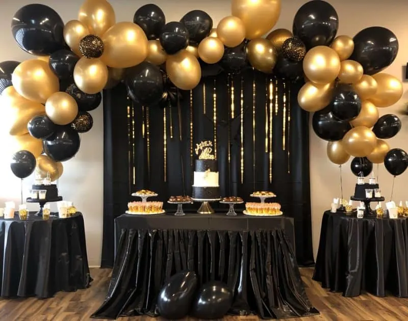 Unforgettable Graduation Party Inspiration for the Class of 2024 (800 x 630 px) A graduation party set up with gold and black balloons, a tiered cake on a table. The room is decorated in a gold and black theme.