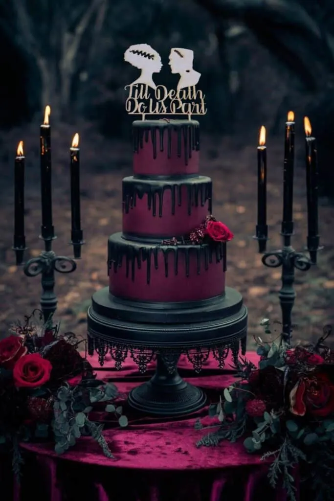 a dark and romantic wedding cake display set in an eerie, woodland setting. The centerpiece is a three-tiered cake with a deep burgundy color, accented by black, dripping details, and a gold cake topper, giving it a moody and gothic appearance. The cake sits on a black, intricately designed cake stand that rests on a table draped in rich, burgundy velvet. Surrounding the cake are tall, black candles in ornate holders, their flames flickering softly, casting a warm yet mysterious glow. The table is adorned with dark, lush floral arrangements featuring deep red roses and dark green foliage, enhancing the dramatic atmosphere. The background is blurred, revealing a dim, forested area, adding to the overall sense of a beautifully haunting, gothic celebration.