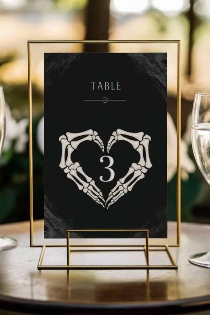 a modern, elegant table number sign with a black background. The design features a pair of white skeletal hands forming a heart shape around the number "3" at the center. The word "TABLE" is positioned above the number in a clean, serif font. The sign is displayed within a gold-colored, thin-framed stand on a round wooden table. The background is softly blurred, showcasing a bright outdoor setting with natural light filtering in, giving the image a warm and inviting feel. 