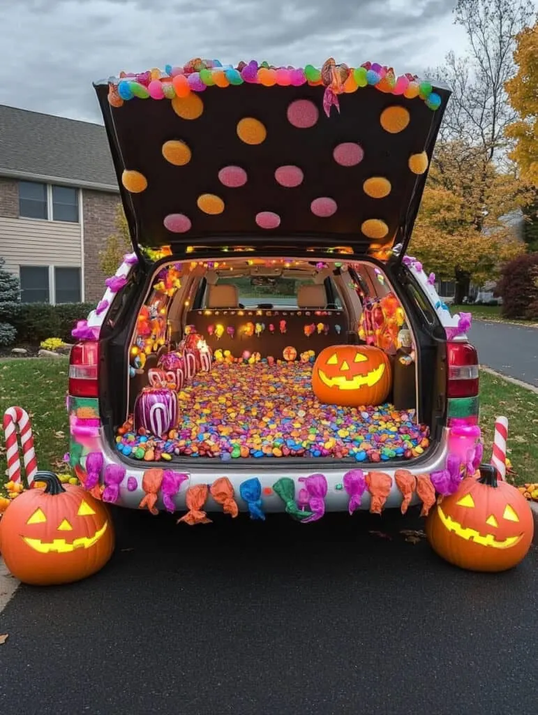 Candy and Halloween decorated trunk of an SUV.