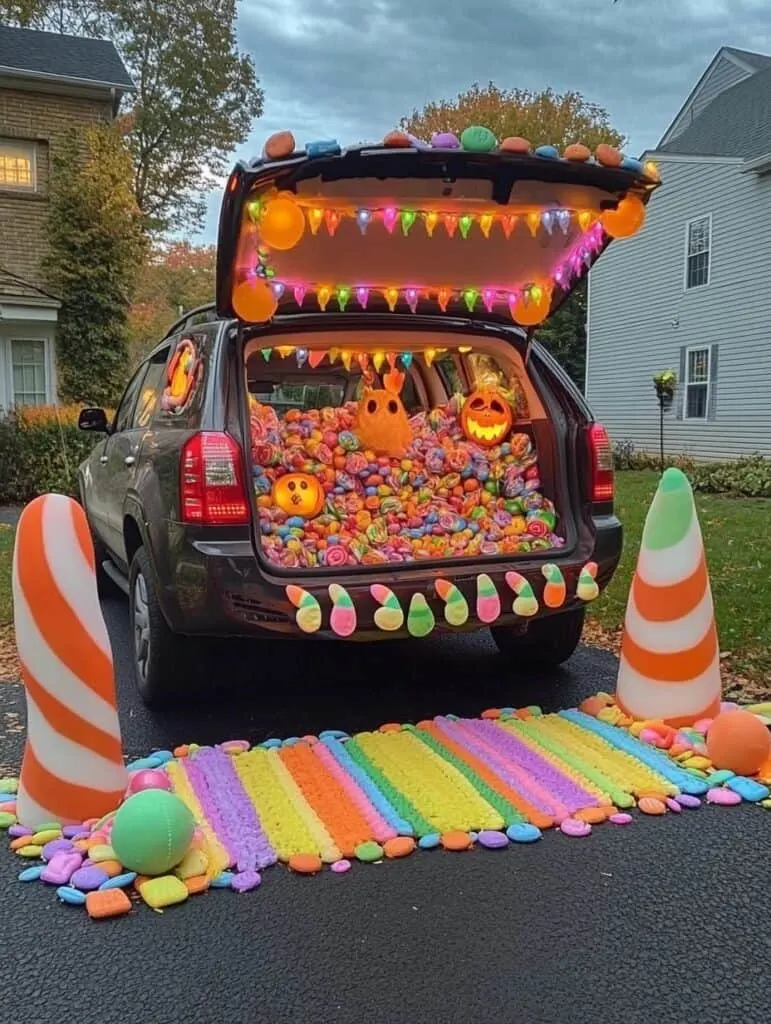 Candy and Halloween decorated trunk of an SUV.