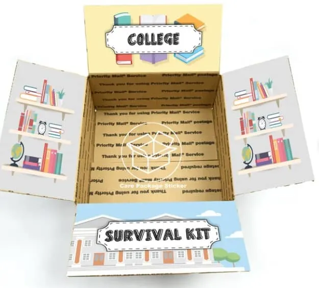 An open and empty DIY care package for college students made with stickers showing drawings of textbooks on a shelf.