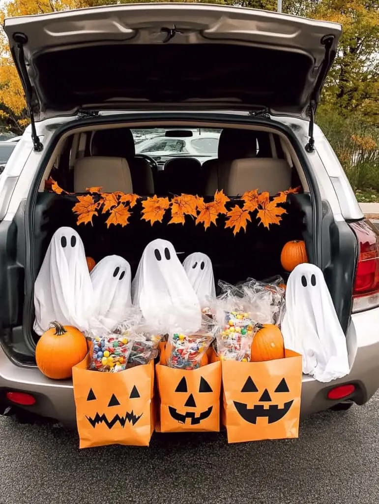 The back of a hatchback car open and decorated with fall leaves and small diy ghosts.