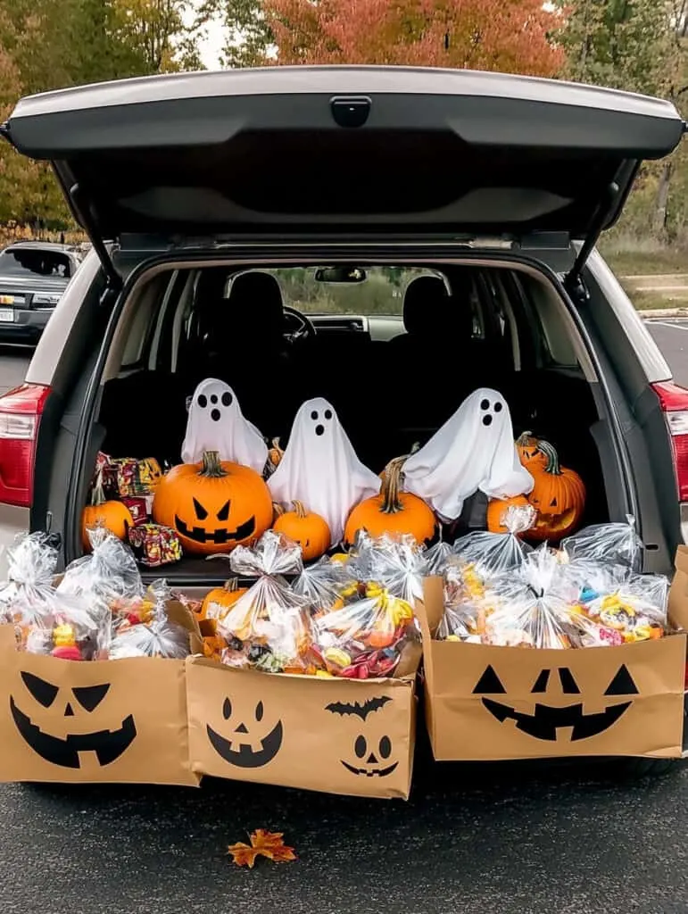 The back of a hatchback car open and decorated with fall leaves and small diy ghosts made from sheets and pumpkins.