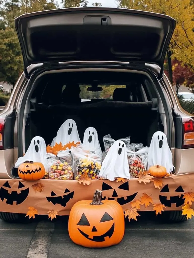 The back of a hatchback car open and decorated with paper fall leaves, bags of candy, jack o lanterns and small diy ghosts.