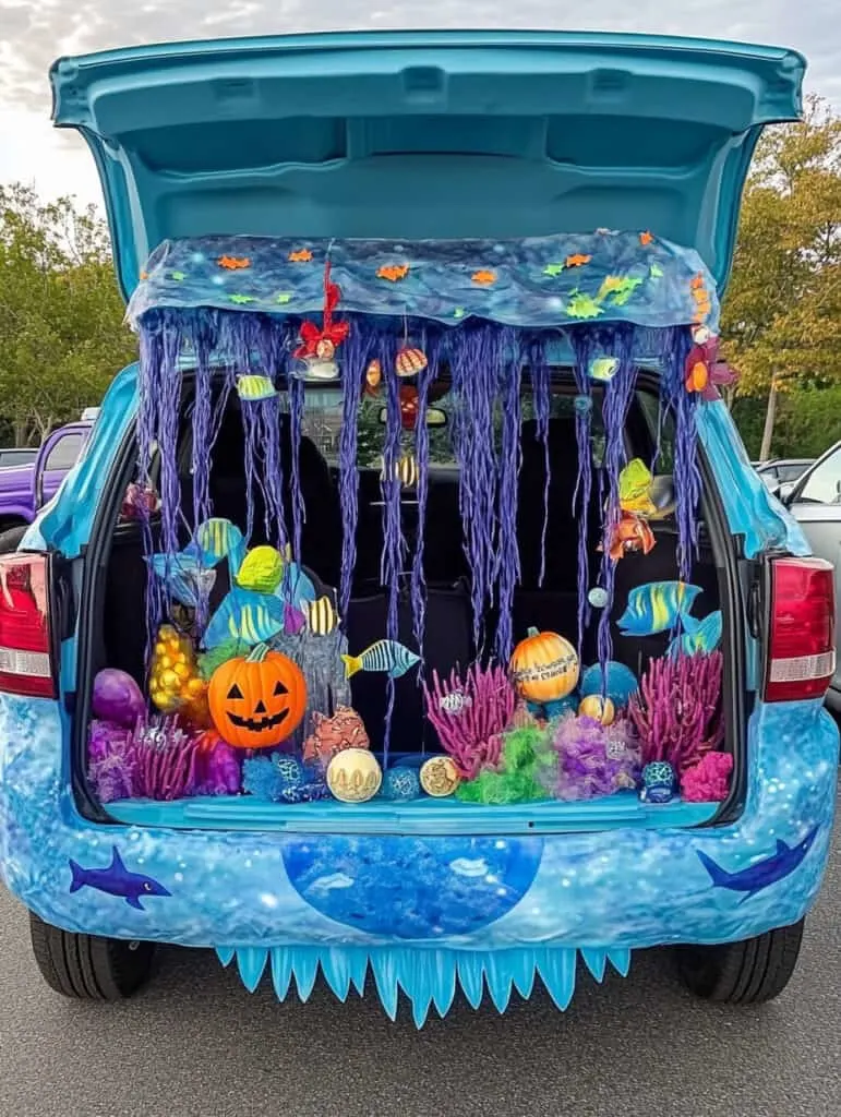 The trunk of a car open and decorated with DIY paper sea creatures.