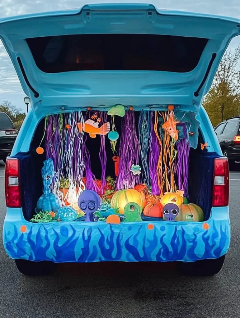 The trunk of a car open and decorated with DIY paper sea creatures.