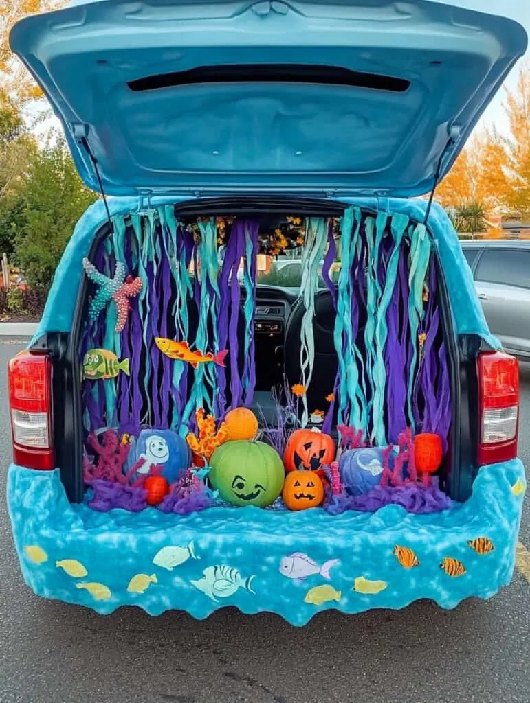 The trunk of a car open and decorated with DIY paper sea creatures.