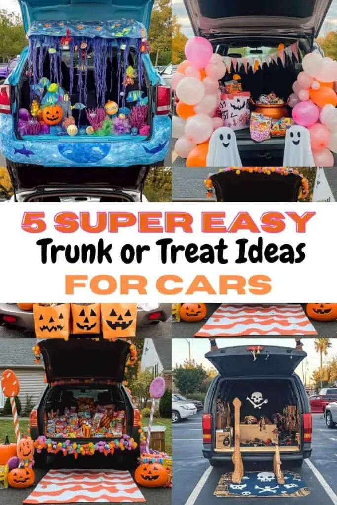 Four cars in a parking lot that are decorated with candy for Halloween trunk and treat party.