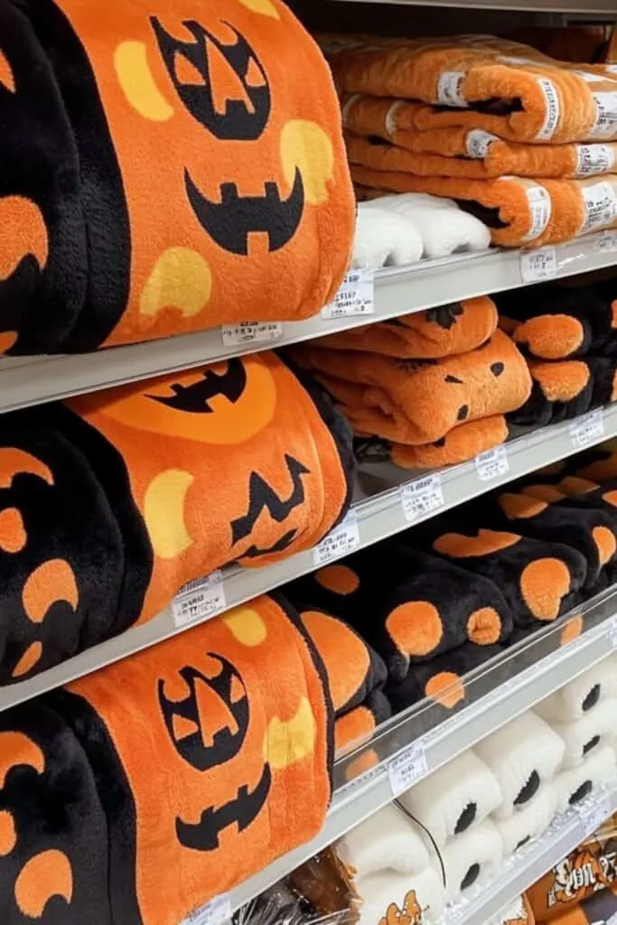 Halloween themed blankets on the shelves of a store.