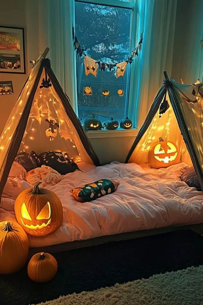 A cozy Halloween-themed slumber party setup with two small tents illuminated by string lights, featuring glowing jack-o'-lanterns inside and outside the tents. The tents are placed on a large bed, adorned with festive pillows and plush blankets, creating a warm and inviting space for a Halloween sleepover. The window is decorated with Halloween garlands, bats, and pumpkins, adding to the spooky ambiance. The room is softly lit, with carved pumpkins on the windowsill, casting eerie yet playful shadows, perfect for a fun and memorable Halloween night.