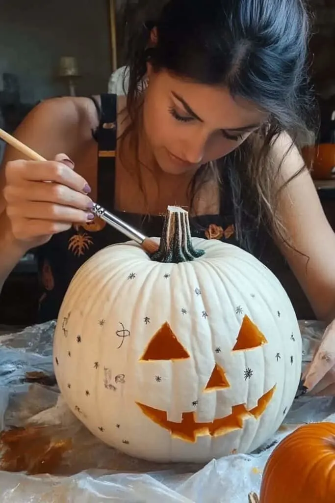 A woman painting a pumpkin with white paint using a brush.