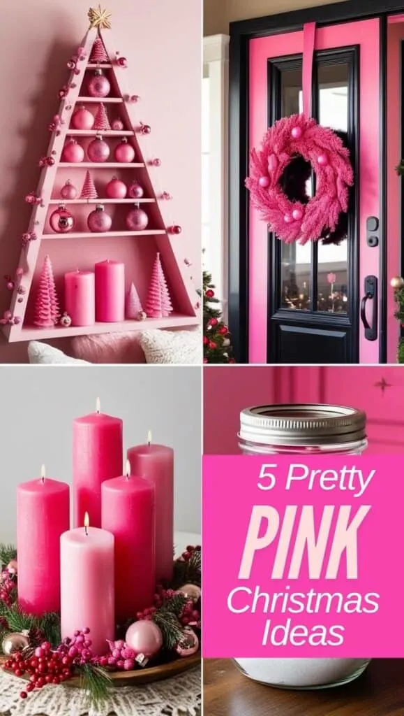 A collage featuring pink Christmas decorations. It features various elements that are feminine and cozy. Some of these are a tree-shaped shelf that holds pink Christmas Ornaments, three pink pillar candles of varying heights, a vibrant holiday wreath hanging on a black glass framed door, a snow globe made from a mason jar, inside the mason jar is a pink bottle brush sitting on fake snow. They are all handmade.