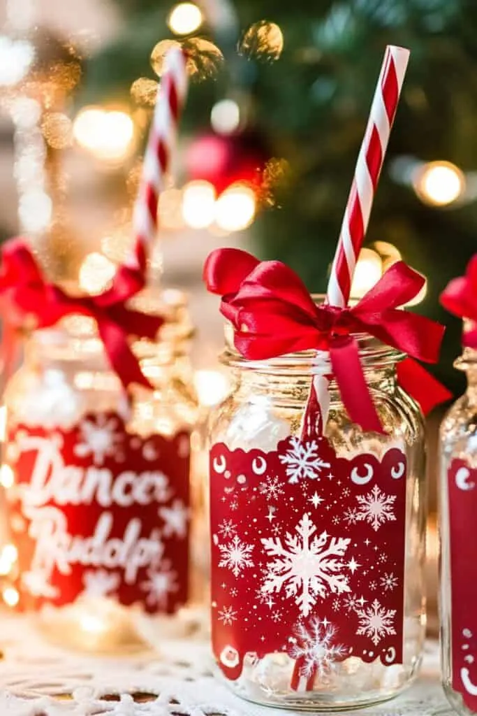 A festive set of holiday-themed drink jars featuring playful designs, including the word &ldquo;Dance Rudolph&rdquo; and decorative white and red snowflake patterns. Each jar is paired with red and white striped plastic straws and topped with large, bright red satin ribbons for a cheerful touch. The jars are displayed on a table with cream and red layered holiday placemats, enhanced by blurred holiday lights in the background, creating a warm and cozy seasonal ambiance.