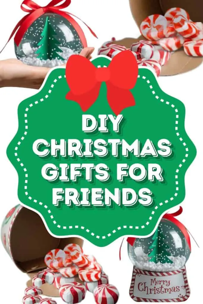 A delightful DIY Christmas gift featuring a decorative mini snow globe with a hidden treat compartment. The clear plastic globe encases a 3D green Christmas tree surrounded by white foam beads resembling snow and is topped with a festive red ribbon bow. The base is adorned with a wreath design that includes the words &ldquo;DIY Christmas Gifts for Friends,&rdquo; along with red-and-white peppermint candy accents. It opens to reveal a compartment filled with Kinder chocolates, combining cheerful holiday decor with a sweet surprise for a whimsical and thoughtful gift.