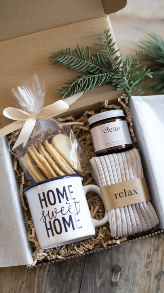 This thoughtfully curated gift box is an ideal choice for cozy holiday gifting or housewarming celebrations. Lined with tissue paper, it includes a variety of items that promote warmth and comfort. Featured in the box is a "Home Sweet Home" ceramic mug for sipping beverages, a pack of assorted macarons for a touch of sweetness, and a small jar candle labeled "Clean" for a soothing scent. Additionally, there&rsquo;s a pair of plush knit socks to keep the recipient cozy and a sprig of evergreen to add a festive, natural element, perfect for enhancing the seasonal atmosphere.