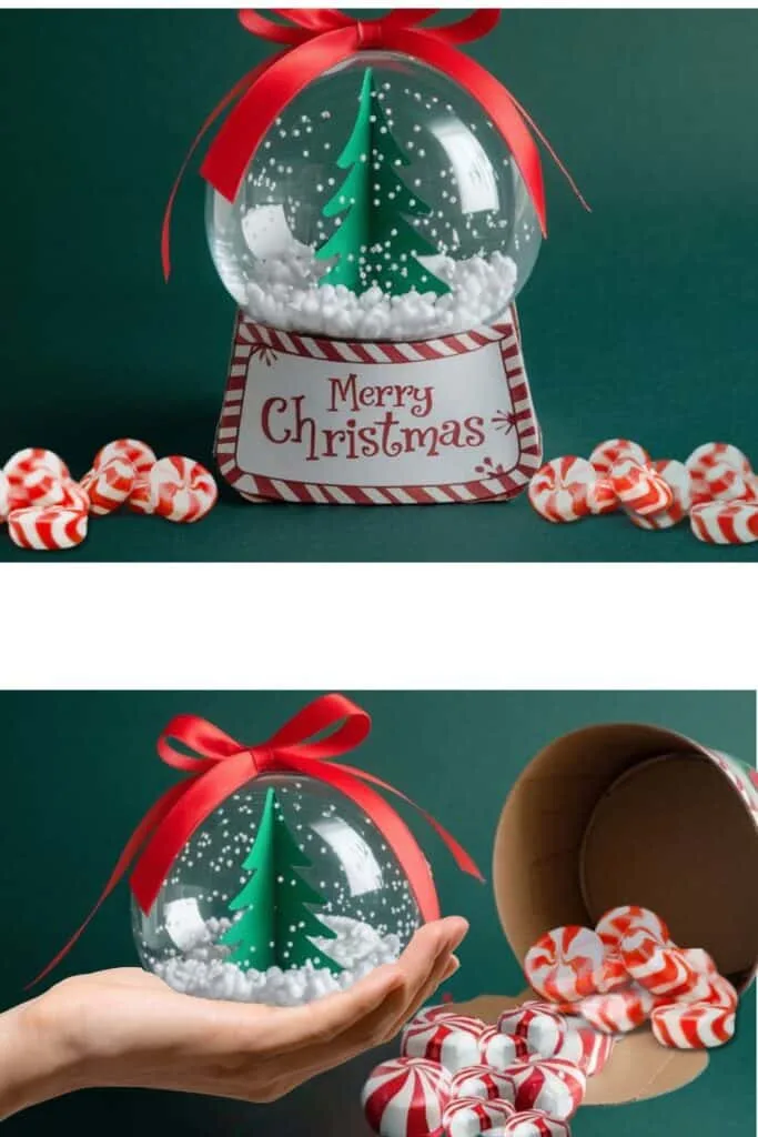 A delightful DIY Christmas gift in the form of a decorative mini snow globe featuring a hidden treat compartment. The globe is made of clear plastic and showcases a 3D green Christmas tree surrounded by white foam beads that resemble snow, topped with a festive red ribbon bow. The base is adorned with a "Merry Christmas" message and red-and-white peppermint candy designs. It opens to reveal a compartment filled with Kinder chocolates, seamlessly blending holiday decor with a sweet surprise for a playful and whimsical gift.
