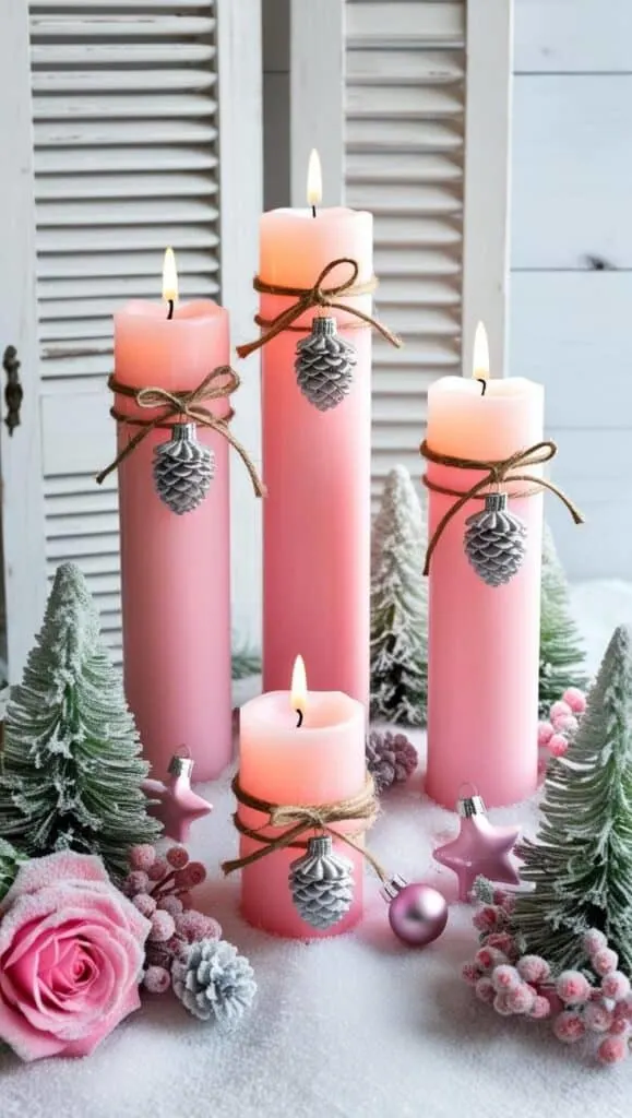 A beautiful and cozy winter-themed arrangement. At the center, there are three pink pillar candles of varying heights, each decorated with twine and delicate holiday ornaments such as pink and silver pinecone-shaped decorations and a small pink star ornament. The candles are lit, casting a warm, soft glow.