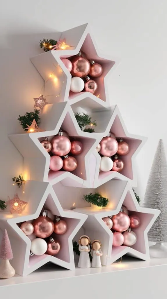 This image features a decorative, festive display arranged on a flat surface, like a shelf or table. It includes a tiered set of three-dimensional, nested star-shaped shelves, painted white and arranged in a staggered, stacked fashion, forming a star-like structure. The stars are filled with pink and metallic-colored ornaments, including Christmas baubles and small decorative stars. Some soft fairy lights are woven around the stars, adding a warm, illuminated glow.