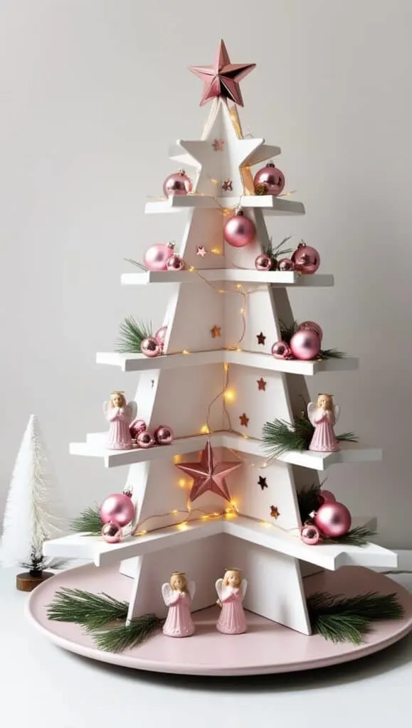 This image features a decorative, festive display arranged on a flat surface, like a shelf or table. It includes a tiered set of three-dimensional, nested star-shaped shelves, painted white and arranged in a staggered, stacked fashion, forming a tree-like structure. The stars are filled with pink and metallic-colored ornaments, including Christmas baubles and small decorative stars. Some soft fairy lights are woven around the stars, adding a warm, illuminated glow.