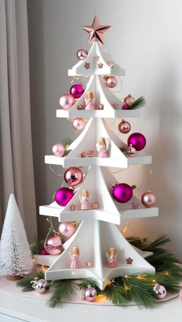 This image features a decorative, festive display arranged on a flat surface, like a shelf or table. It includes a tiered set of three-dimensional, nested star-shaped shelves, painted white and arranged in a staggered, stacked fashion, forming a tree-like structure. The stars are filled with pink and metallic-colored ornaments, including Christmas baubles and small decorative stars. Some soft fairy lights are woven around the stars, adding a warm, illuminated glow.