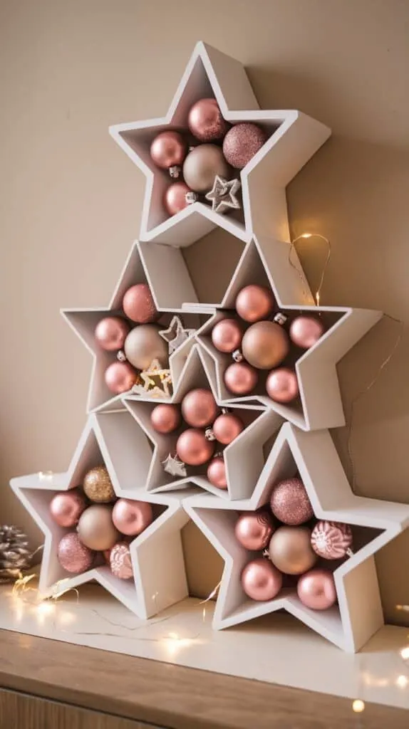 This image features a decorative, festive display arranged on a flat surface, like a shelf or table. It includes a tiered set of three-dimensional, nested star-shaped shelves, painted white and arranged in a staggered, stacked fashion, forming a star-like structure. The stars are filled with pink and metallic-colored ornaments, including Christmas baubles and small decorative stars. Some soft fairy lights are woven around the stars, adding a warm, illuminated glow.