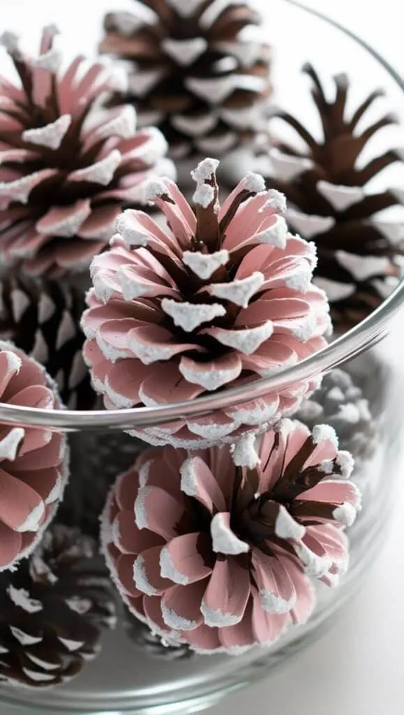 A clear glass container filled with painted pinecones. The pinecones are coated in a soft pink color with subtle speckles of white, giving them a frosted, snow-kissed appearance. The texture of the pinecones is highlighted by the paint, making them look decorative and festive. The close-up shot emphasizes their rustic charm and makes them ideal for use in holiday crafts or as part of cozy Christmas decorations. The overall look is delicate and elegant, perfect for adding a unique touch to a pink Christmas theme or winter-inspired home d&eacute;cor.