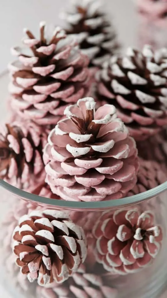 A clear glass container filled with painted pinecones. The pinecones are coated in a soft pink color with subtle speckles of white, giving them a frosted, snow-kissed appearance. The texture of the pinecones is highlighted by the paint, making them look decorative and festive. The close-up shot emphasizes their rustic charm and makes them ideal for use in holiday crafts or as part of cozy Christmas decorations. The overall look is delicate and elegant, perfect for adding a unique touch to a pink Christmas theme or winter-inspired home d&eacute;cor.