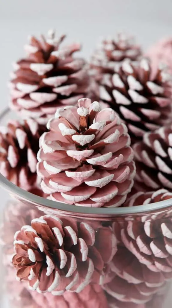 A clear glass container filled with painted pinecones. The pinecones are coated in a soft pink color with subtle speckles of white, giving them a frosted, snow-kissed appearance. The texture of the pinecones is highlighted by the paint, making them look decorative and festive. The close-up shot emphasizes their rustic charm and makes them ideal for use in holiday crafts or as part of cozy Christmas decorations. The overall look is delicate and elegant, perfect for adding a unique touch to a pink Christmas theme or winter-inspired home d&eacute;cor.
