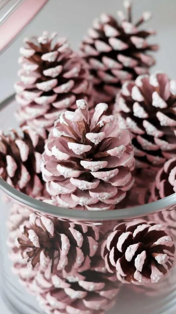 A clear glass container filled with painted pinecones. The pinecones are coated in a soft pink color with subtle speckles of white, giving them a frosted, snow-kissed appearance. The texture of the pinecones is highlighted by the paint, making them look decorative and festive. The close-up shot emphasizes their rustic charm and makes them ideal for use in holiday crafts or as part of cozy Christmas decorations. The overall look is delicate and elegant, perfect for adding a unique touch to a pink Christmas theme or winter-inspired home d&eacute;cor.