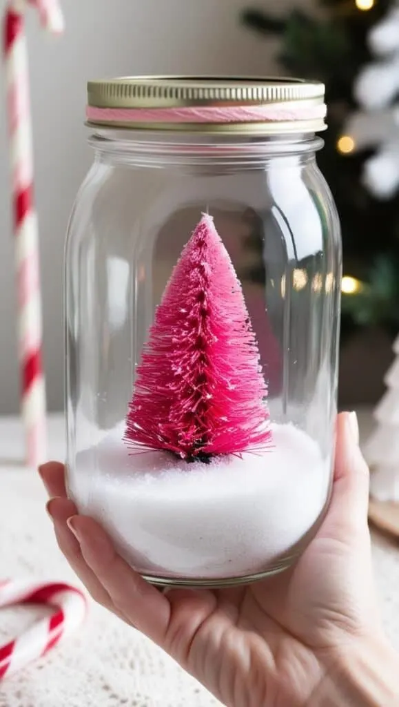 A handmade snow globe displayed in an inverted clear glass jar. Inside the jar is a small, pink bottle brush tree sitting on a bed of artificial white snow, creating a charming and minimalist winter scene. The lid of the jar, which serves as the base, is decorated with a pink trim that adds a touch of sweetness and ties into the pink theme. The background features soft elements of holiday decor, such as candy cane stripes and a white Christmas tree, emphasizing a whimsical, pastel-colored holiday aesthetic. A hand is holding the jar, showcasing the DIY snow globe as a delicate and cozy decoration.