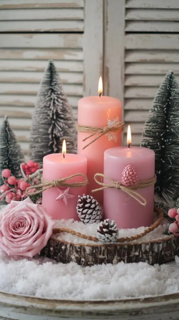 A beautiful and cozy winter-themed arrangement. At the center, there are three pink pillar candles of varying heights, each decorated with twine and delicate holiday ornaments such as pink and silver pinecone-shaped decorations and a small pink star ornament. The candles are lit, casting a warm, soft glow.