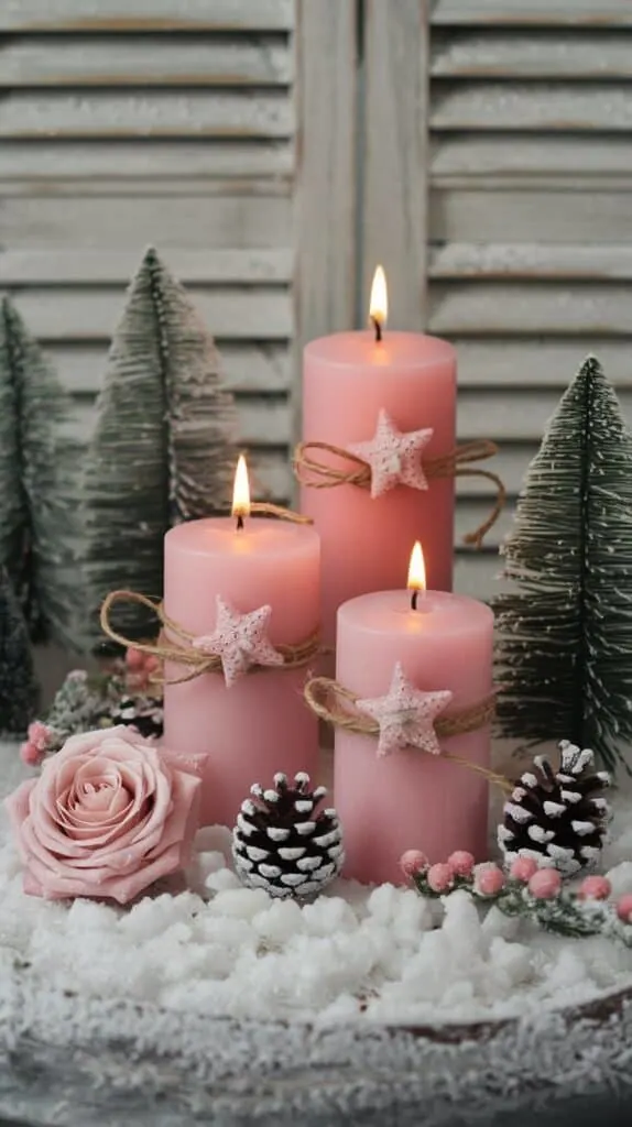 A beautiful and cozy winter-themed arrangement. At the center, there are three pink pillar candles of varying heights, each decorated with twine and delicate holiday ornaments such as pink and silver pinecone-shaped decorations and a small pink star ornament. The candles are lit, casting a warm, soft glow.