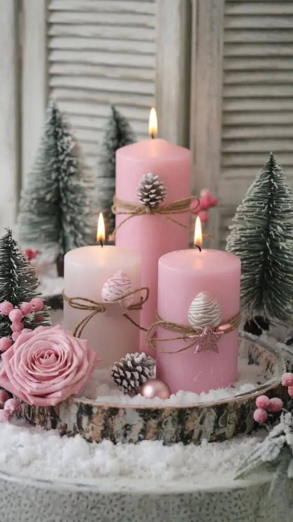 A beautiful and cozy winter-themed arrangement. At the center, there are three pink pillar candles of varying heights, each decorated with twine and delicate holiday ornaments such as pink and silver pinecone-shaped decorations and a small pink star ornament. The candles are lit, casting a warm, soft glow.