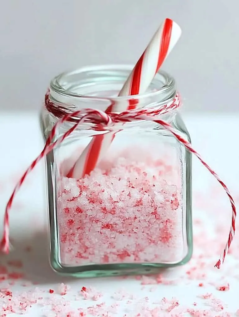 A festive DIY gift jar filled with a homemade candy cane bath scrub, ideal for a Christmas gift. The scrub is a mix of white and red granules, mimicking the look of crushed candy canes, which gives it a seasonal, peppermint-inspired appearance. The jar itself is a square, airtight container with a glass lid, perfect for storing bath products. For decoration, the jar is tied with a simple red and white baker's twine, adding a touch of holiday charm. A small candy cane is attached to the twine, enhancing the festive aesthetic and making it a thoughtful, cheerful gift.