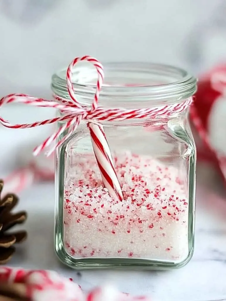 This cheerful DIY gift jar is packed with a homemade candy cane bath scrub, making it a perfect holiday present. The scrub showcases a lovely blend of white and red granules, resembling crushed candy canes, and evokes a delightful peppermint theme. Housed in a square, airtight glass container with a secure lid, this jar is ideal for keeping bath products fresh. To enhance its holiday spirit, it's adorned with festive red and white baker's twine, topped off with a small candy cane, adding an extra touch of joy and making it a thoughtful and enchanting gift.