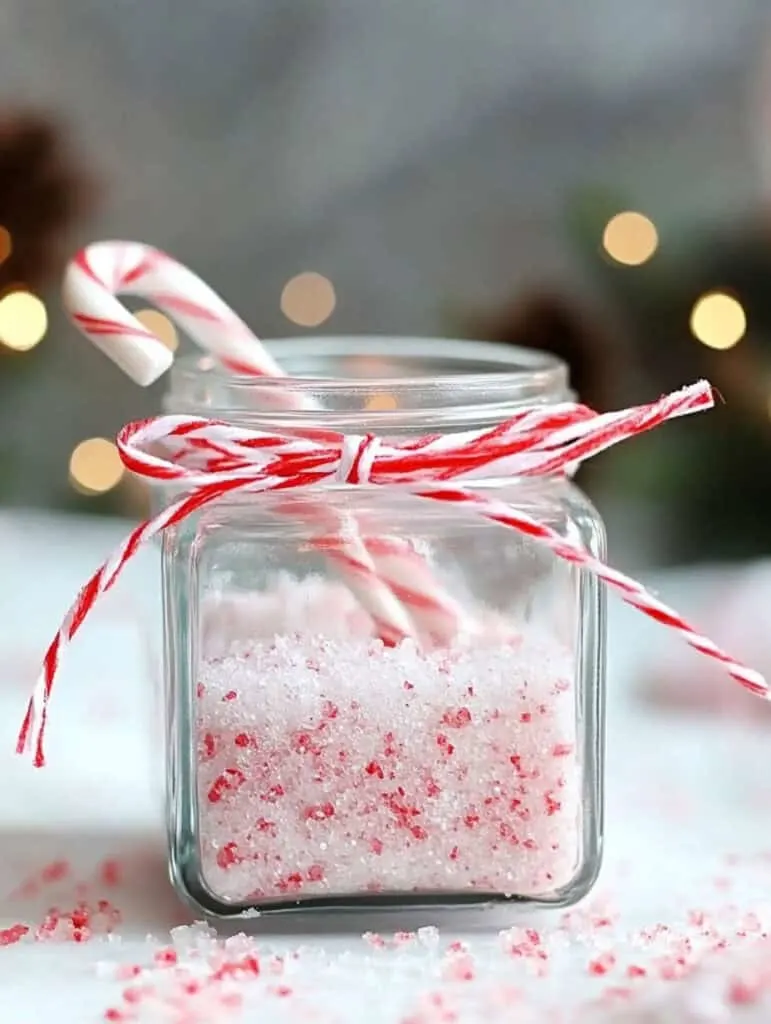 This charming DIY gift jar contains a delightful homemade candy cane bath scrub, making it an excellent Christmas gift. The scrub is beautifully crafted with a mix of white and red granules that resemble crushed candy canes, creating a festive peppermint aesthetic. Encased in a square, airtight glass container with a sleek lid, this jar is perfect for storing bath items. It&rsquo;s embellished with cheerful red and white baker's twine for a seasonal touch, and a small candy cane hangs from the twine, enhancing the festive vibes and making it a thoughtful and joyful present.