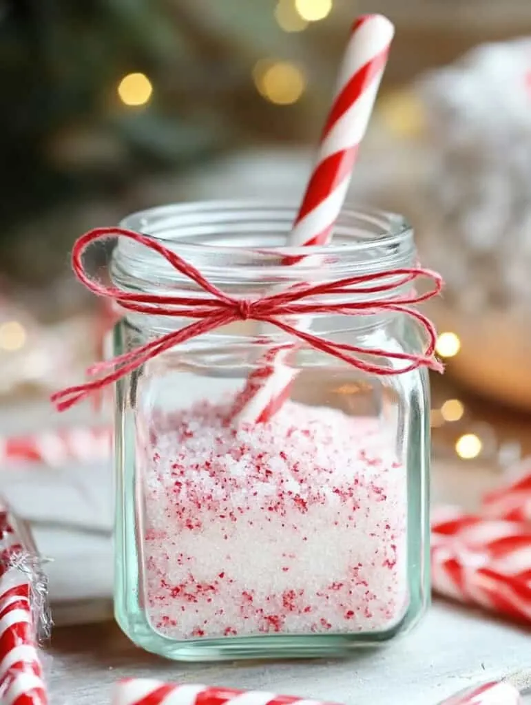 This festive DIY gift jar is filled with a homemade candy cane bath scrub, making it an ideal Christmas present. The scrub features a mix of white and red granules that mimic the appearance of crushed candy canes, offering a delightful peppermint-inspired look. The jar is a square, airtight container with a glass lid, perfect for storing bath products. To add a touch of holiday charm, it's decorated with simple red and white baker's twine. A small candy cane is attached to the twine, enhancing the festive aesthetic and creating a thoughtful, cheerful gift.