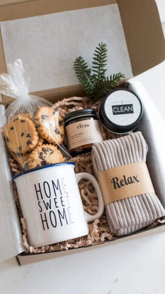 This beautifully curated gift box is the perfect cozy addition for holiday celebrations or housewarming events. Nestled in tissue paper, it features a selection of items designed to evoke warmth and comfort. Inside, you'll find a charming "Home Sweet Home" ceramic mug for enjoying warm drinks, a delightful assortment of macarons for a touch of indulgence, and a small jar candle with a calming "Clean" scent to create a soothing ambiance. Additionally, a pair of thick, cozy knit socks invites relaxation, while a sprig of evergreen adds a lovely seasonal touch, enhancing the overall festive spirit of the box.