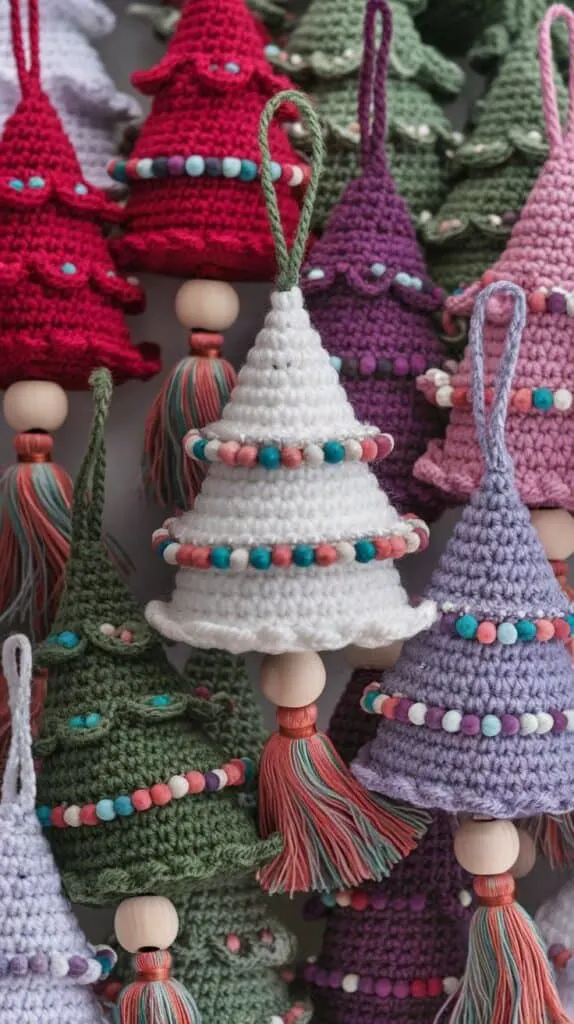 A crochet coaster designed in a festive holiday theme. The coasters are circular with a white center and a green scalloped border. A red ribbon detail is woven into the design, tying into a small bow. A small glass mug filled with eggnog is placed on 
 the coaster. There is also a Christmas tree in the background, enhancing the festive look. The setup is on a marble countertop in a kitchen, creating a cozy holiday atmosphere.