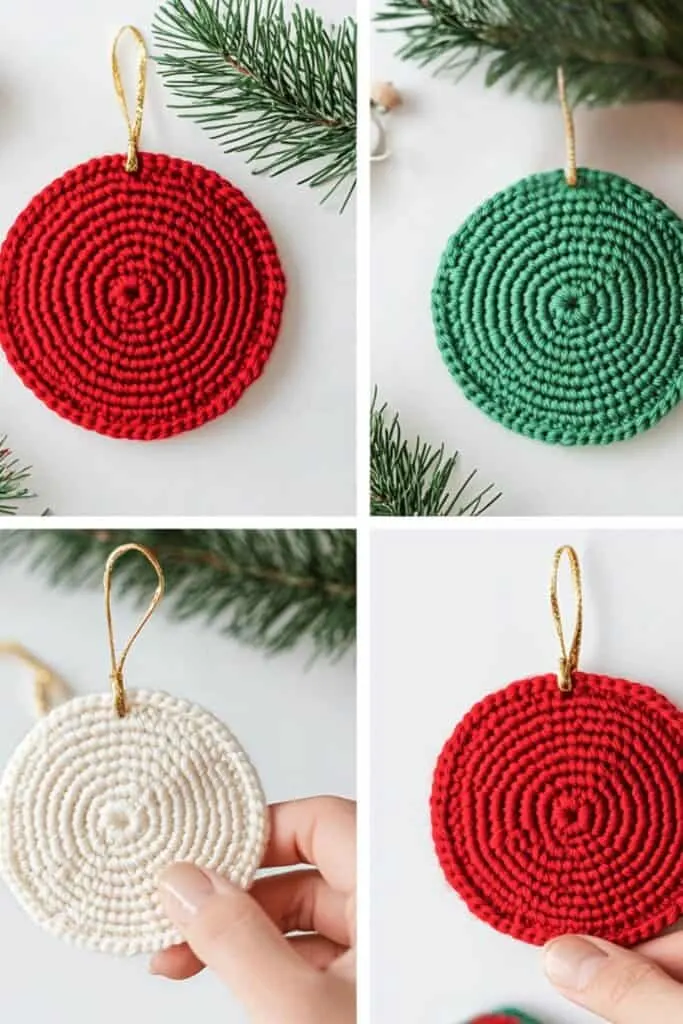Three completed crocheted ornaments in red, green, and white, each with a golden loop for hanging.