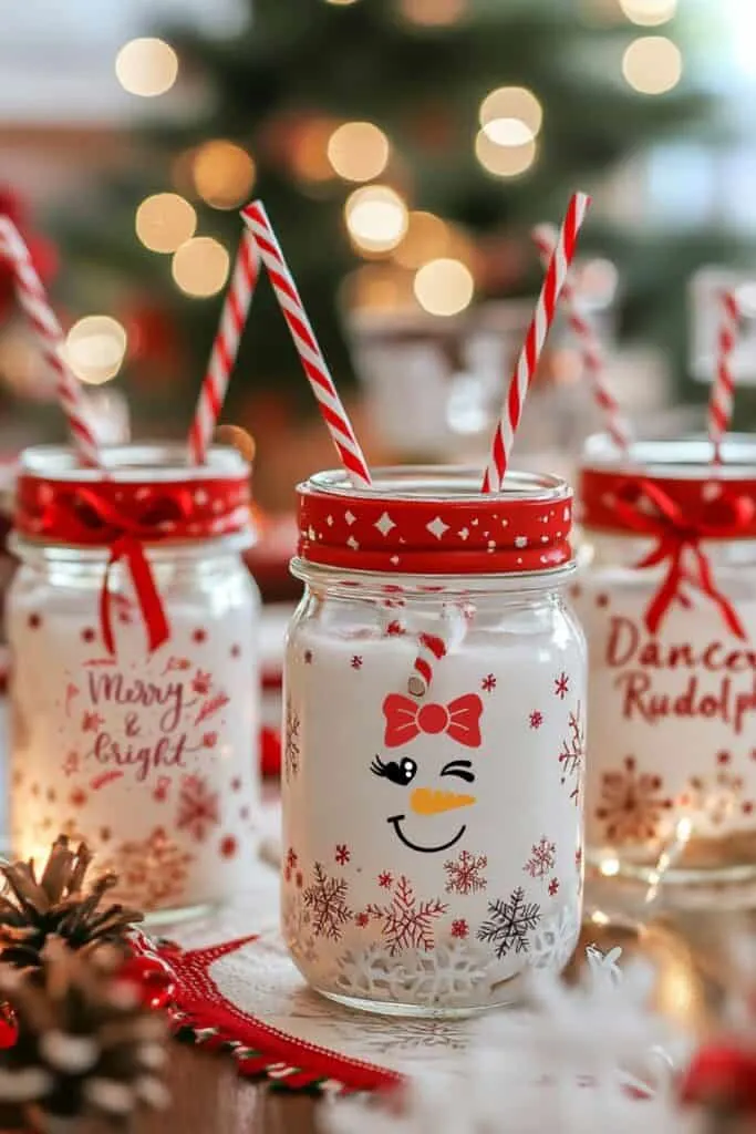 A set of festive holiday-themed drink jars featuring playful designs, including the phrases &ldquo;Merry & Bright,&rdquo; &ldquo;Dancer,&rdquo; and a charming face of a lady snowman. Each jar is decorated with white and red snowflake patterns and comes with red and white striped plastic straws, topped with large, bright red satin ribbons for a polished look. The jars are arranged on a table with cream and red layered holiday placemats, complemented by blurred holiday lights in the background, creating a warm, cozy atmosphere.