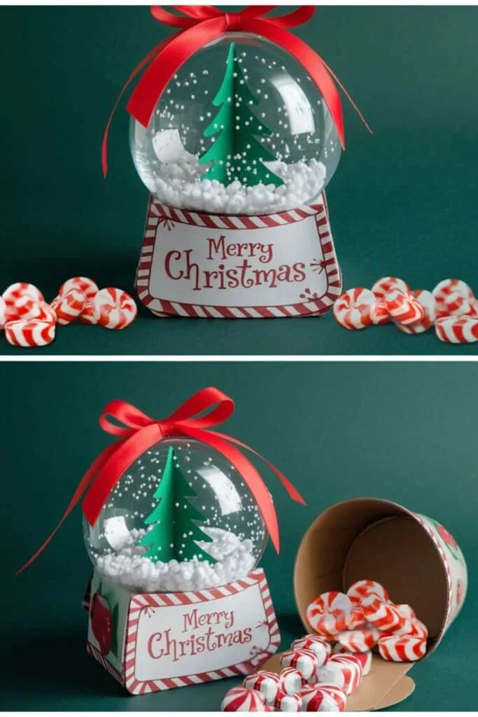 A charming DIY Christmas gift featuring a decorative mini snow globe with a hidden treat compartment. The clear plastic globe contains a 3D green Christmas tree surrounded by white foam beads resembling snow and is topped with a red ribbon bow. The base displays a "Merry Christmas" message with red-and-white peppermint candy designs and opens to reveal a filled compartment of Kinder chocolates. This whimsical design combines holiday decor with a sweet surprise, making it a fun and creative gift idea.