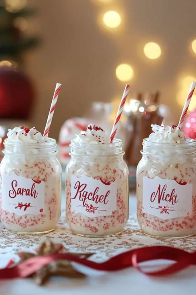 A set of personalized holiday-themed drink jars labeled with the names &ldquo;Sarah,&rdquo; &ldquo;Rachel,&rdquo; and &ldquo;Nicki&rdquo; in stylish cursive font. Each jar features white and red snowflake designs, red and white straws. The jars are displayed on a table with cream and red layered holiday placemats, surrounded by blurred holiday lights for a cozy festive ambiance.