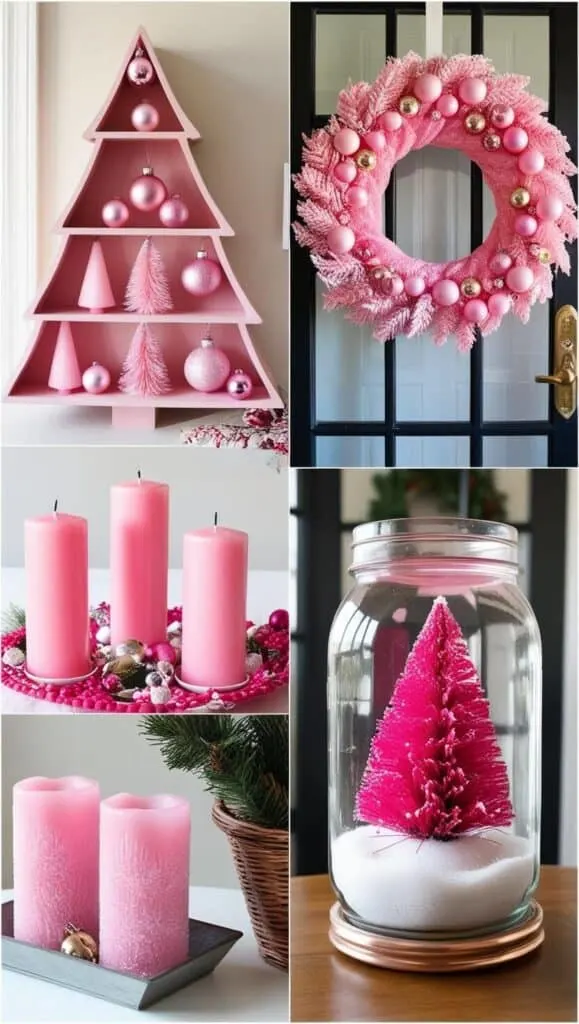 A collage featuring pink Christmas decorations. It features various elements that are feminine and cozy. Some of these are a tree-shaped shelf that holds pink Christmas Ornaments, three pink pillar candles of varying heights, a vibrant holiday wreath hanging on a black glass framed door, a snow globe made from a mason jar, inside the mason jar is a pink bottle brush sitting on fake snow. They are all handmade.